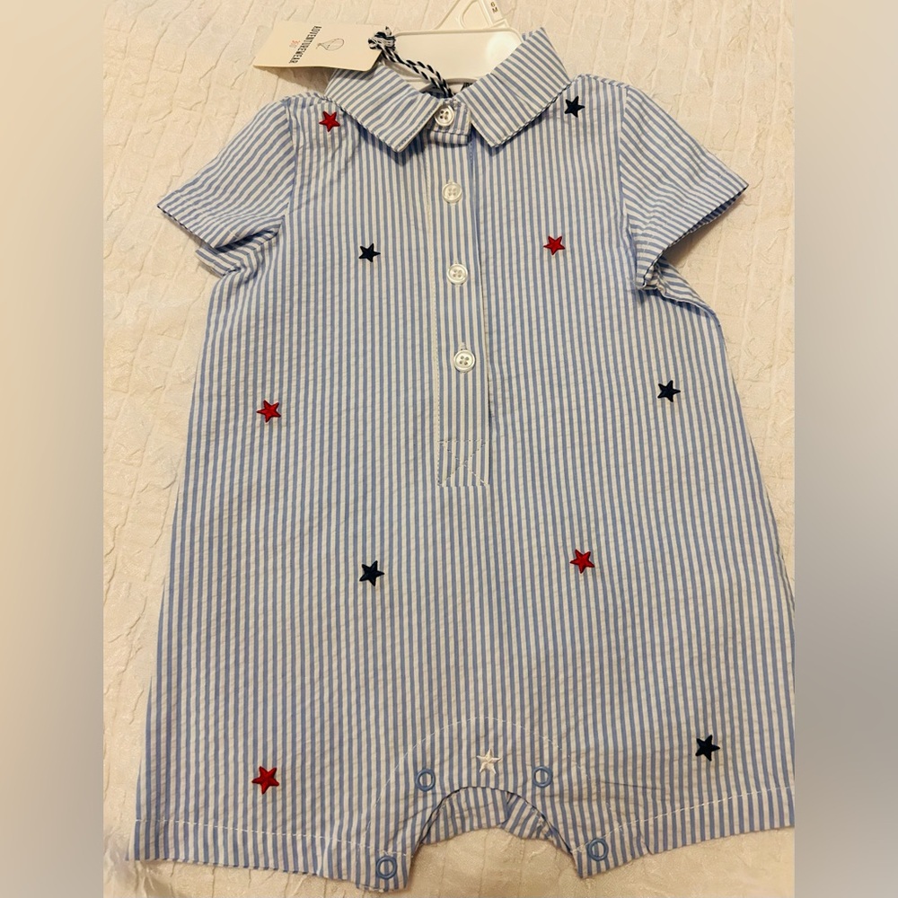 Striped Blue Romper with Star Accents